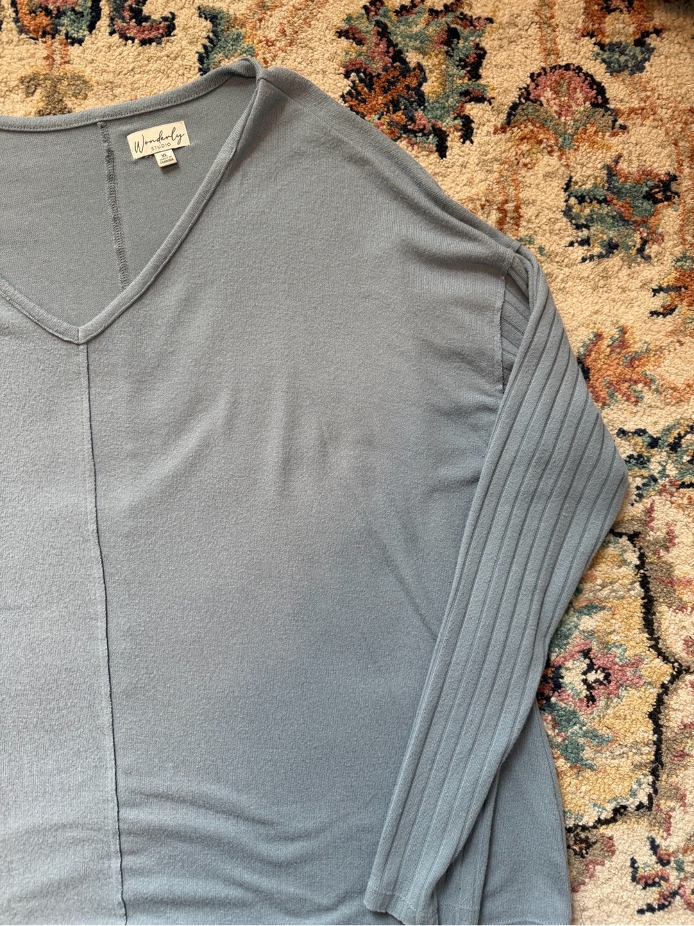 Wonderly Women's V-Neck Ribbed Sleeve Top — Slate Blue